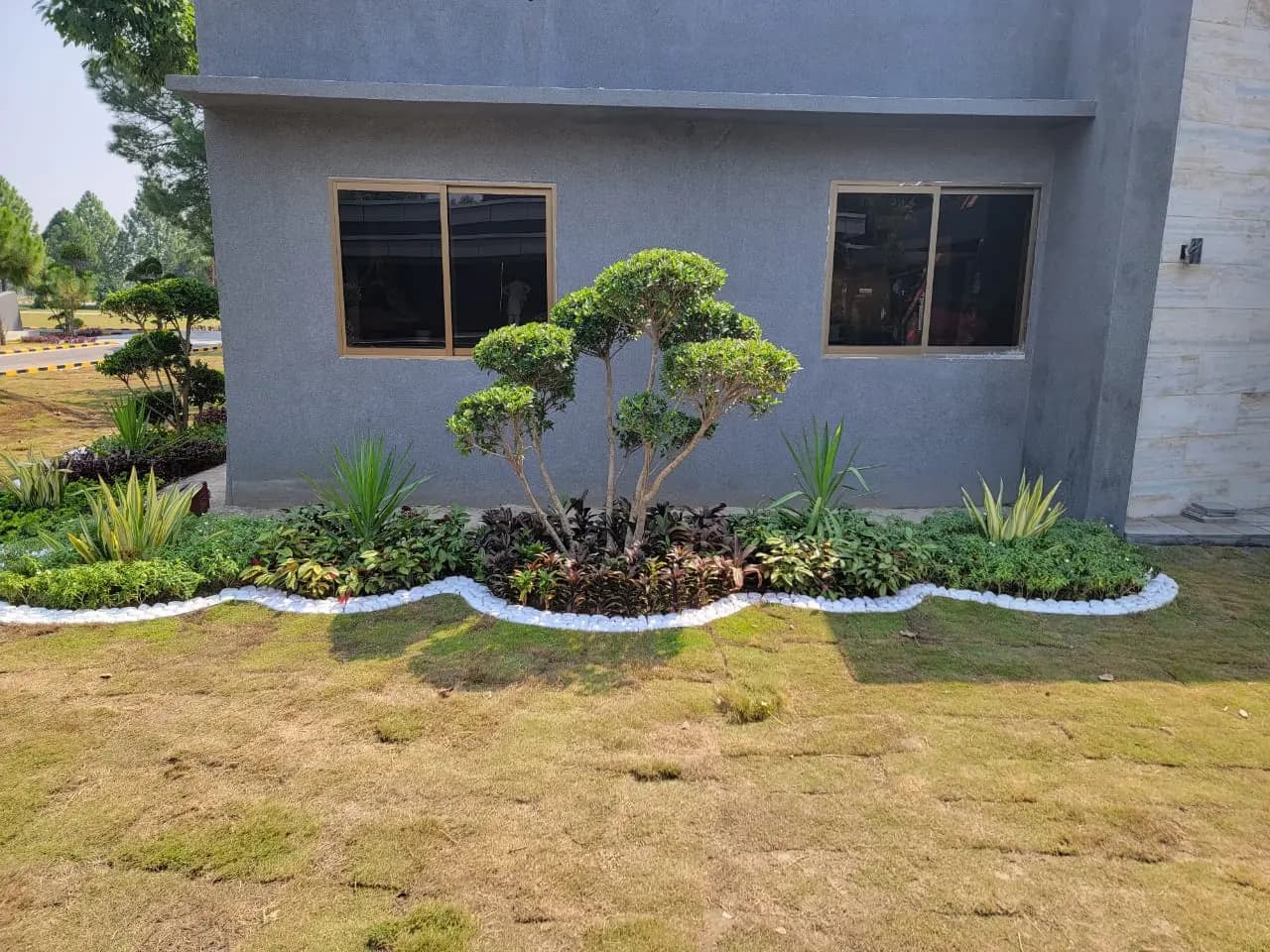 Elegant cobblestone courtyard with planted borders