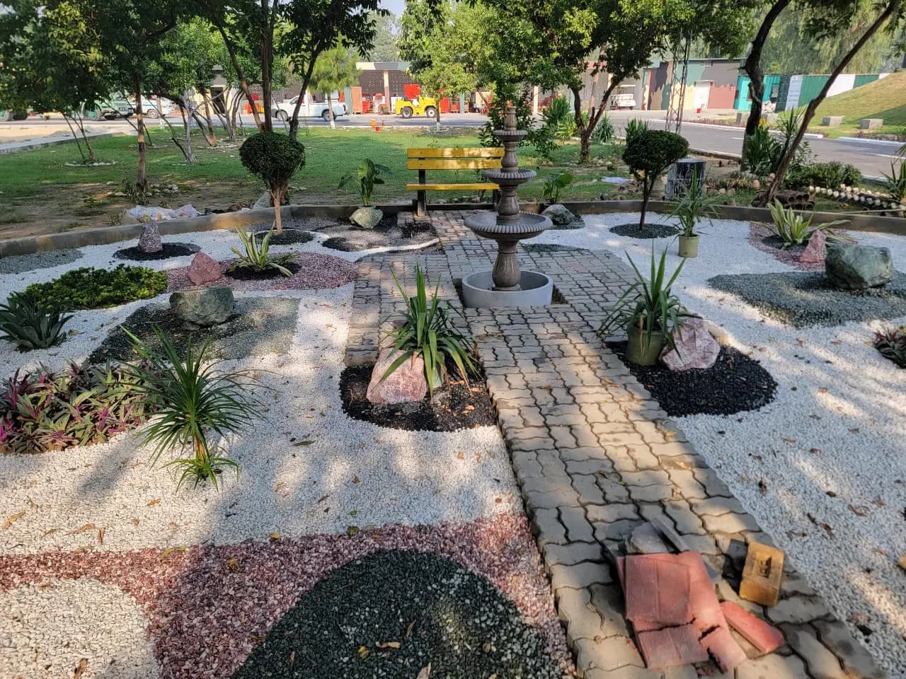 Granite pathway through formal garden